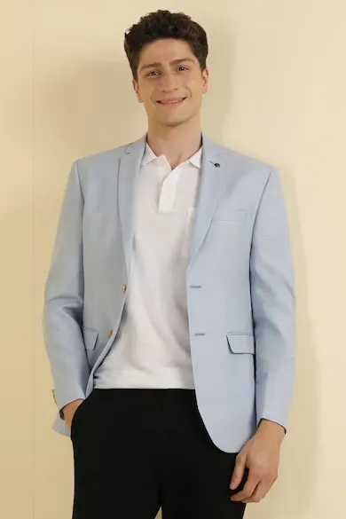 Men Light Blue Slim Fit Textured Casual Blazer